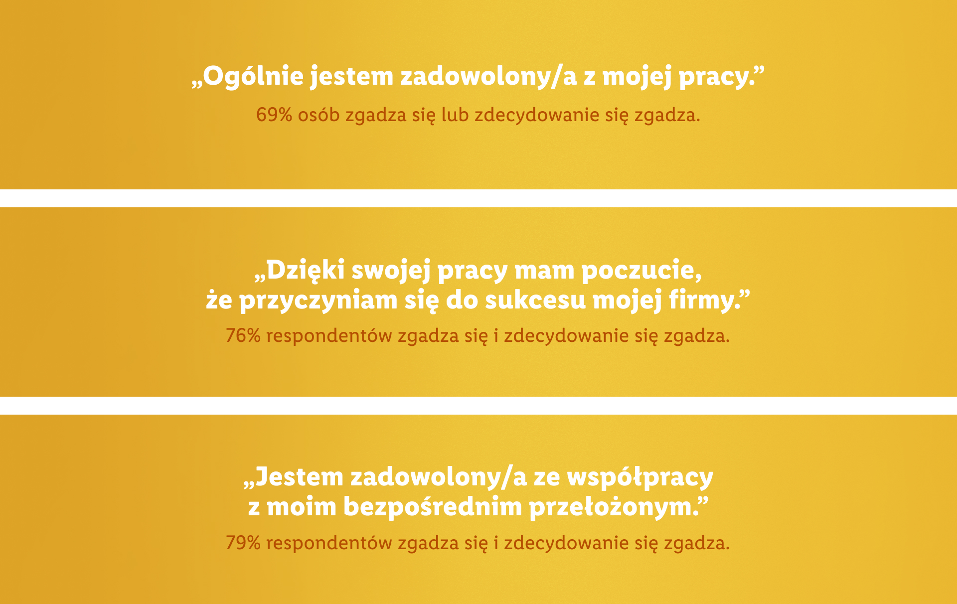 „Jestem zadowolony_a z pracy w Lidlu.”  69% osób zgadza się lub zdecydowanie się zgadza.